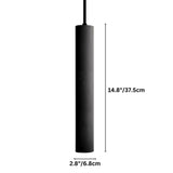 "A black cylindrical pendant light hanging from a cord, with dimensions of 14.8 inches in height and 2.8 inches in diameter."