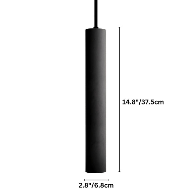 "A black cylindrical pendant light hanging from a cord, with dimensions of 14.8 inches in height and 2.8 inches in diameter."
