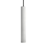 "A white cylindrical pendant light hanging from a black cord, isolated on a white background."