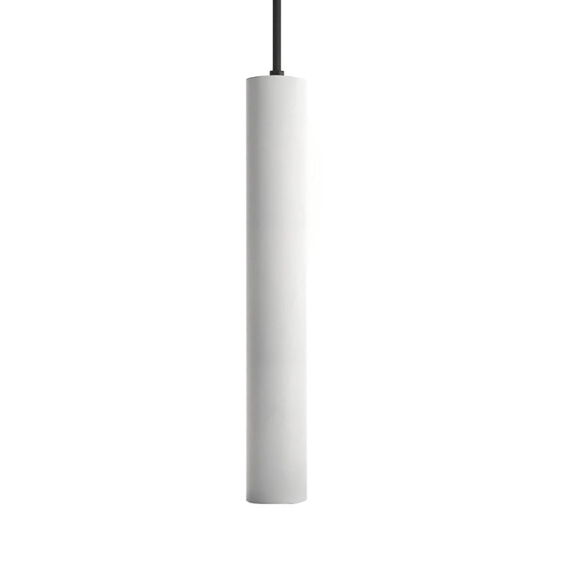 "A white cylindrical pendant light hanging from a black cord, isolated on a white background."