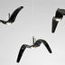 Three black pendant lights with curved forms and chrome fixtures suspended against a white background.