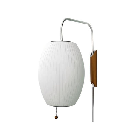 "A sleek, modern wall lamp with a luxurious, oval-shaped silk shade, casting a soft, ambient glow."