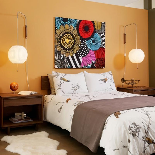 "Two modern wall lamps with silk shades flank a colorful artwork in a contemporary bedroom, providing soft, ambient lighting."