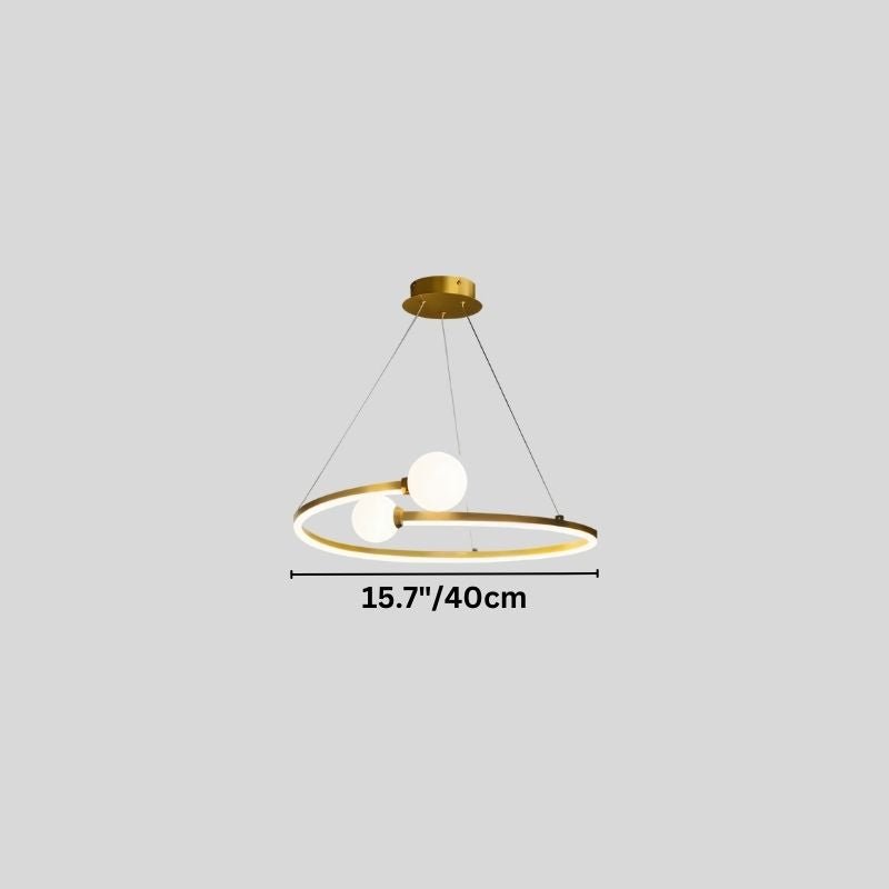 "A gold circular chandelier with two white spherical diffusers, showing a width of 15.7 inches."