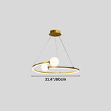 "A gold circular chandelier with two white spherical diffusers, showing a width of 31.4 inches."