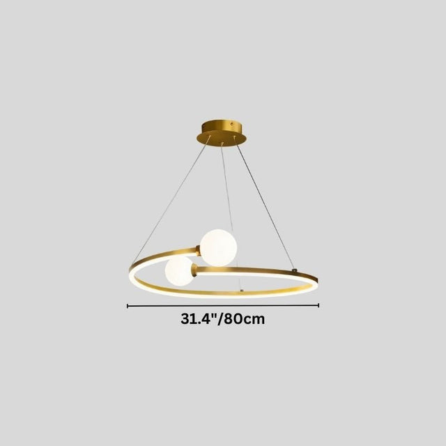"A gold circular chandelier with two white spherical diffusers, showing a width of 31.4 inches."