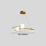 "A gold circular chandelier with two white spherical diffusers, showing a width of 39.3 inches."