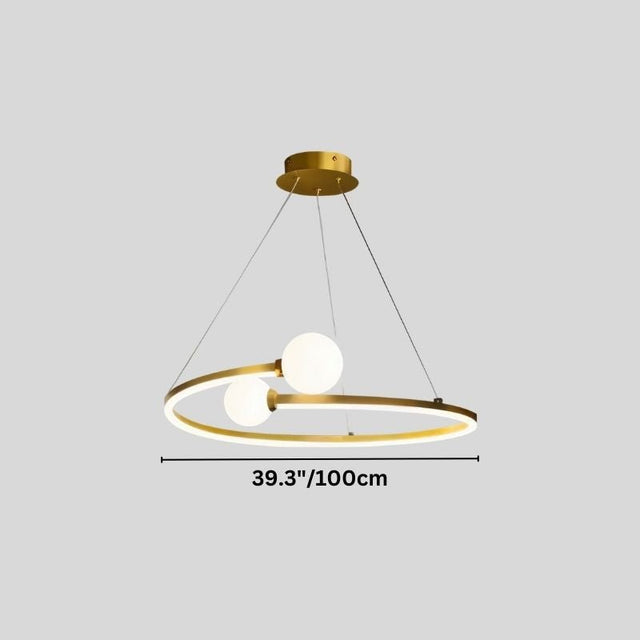 "A gold circular chandelier with two white spherical diffusers, showing a width of 39.3 inches."