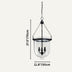 Black metal pendant light with clear glass bell shade and three candle-style bulbs, shown with dimensions.