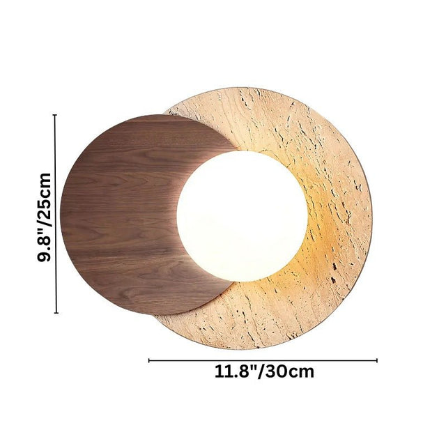 "Dimensions of a wabi-sabi wall lamp with travertine and wood elements: 11.8 inches in width and 9.8 inches in height."