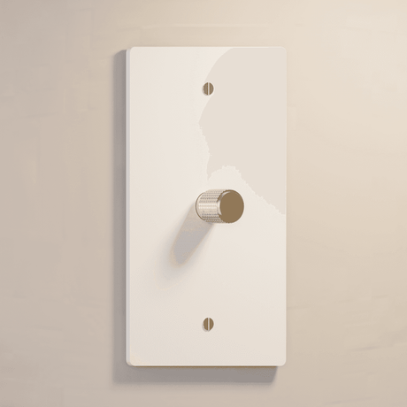 Single gang white rotary dimmer switch with gold knob, part of The Brass 3-Way Rotary Dimmer Switch Open Box collection.