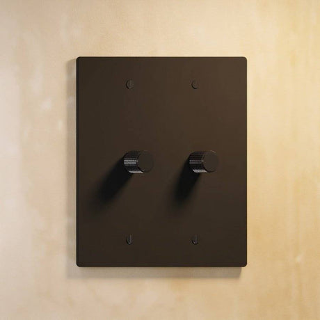 Two-gang matte black rotary dimmer switch with matching black knobs, ideal for modern and industrial-style interiors.