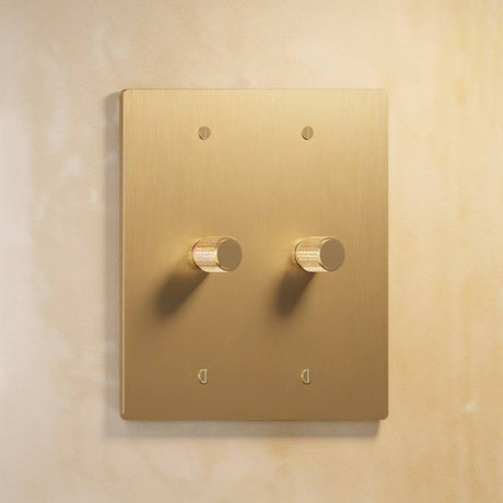 Two-gang light brass rotary dimmer switch with textured knobs, part of The Brass 3-Way Rotary Dimmer Switch Open Box collection.