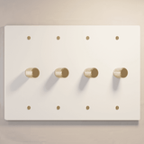 Four-gang white rotary dimmer switch with gold finish knobs, part of The Brass 3-Way Rotary Dimmer Switch Open Box series.
