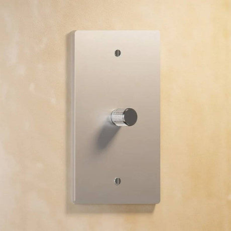 Single gang silver rotary dimmer switch with chrome knob, offering sleek and modern lighting control in open box condition.