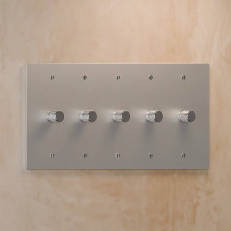 Five-gang silver rotary dimmer switch with brushed finish, offering expansive lighting control in sleek design.