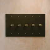 Five-gang antique brass rotary dimmer switch with aged finish, part of The Brass 3-Way Rotary Dimmer Switch Open Box series.