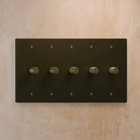 Five-gang antique brass rotary dimmer switch with aged finish, part of The Brass 3-Way Rotary Dimmer Switch Open Box series.