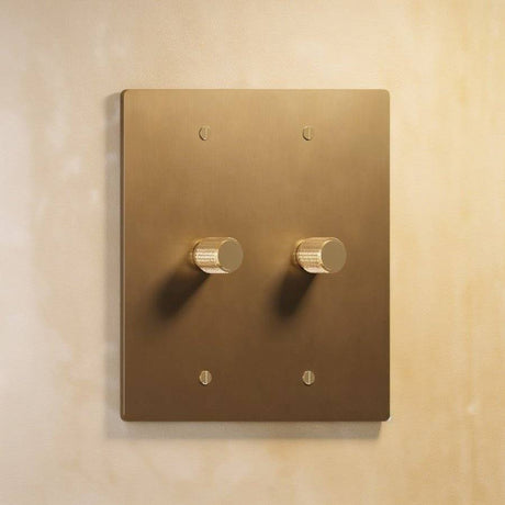 Two-gang Brass 3-Way Rotary Dimmer Switch with knurled knobs and matte brass plate, perfect for dual light zone control in stylish interiors.