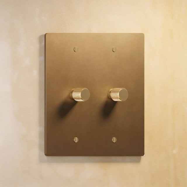 Two-gang Brass 3-Way Rotary Dimmer Switch with knurled knobs and matte brass plate, perfect for dual light zone control in stylish interiors.