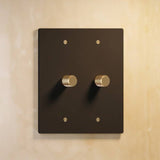 Two-gang The Brass Dimmer Switch - Open Box in matte black with brass knobs, ideal for contemporary lighting control.
