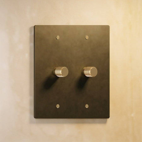 Two-gang The Brass Dimmer Switch - Open Box in antique brass finish, ideal for dual light control in classic interiors.