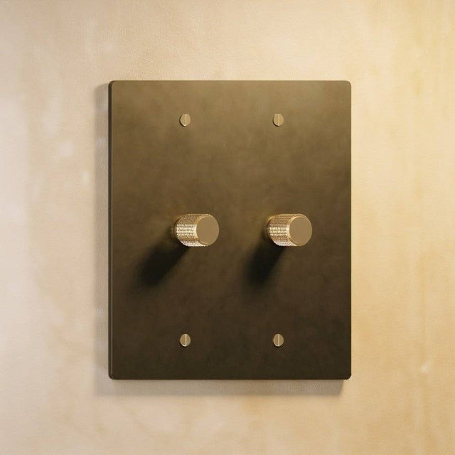 Two-gang The Brass Dimmer Switch - Open Box in antique brass finish, ideal for dual light control in classic interiors.