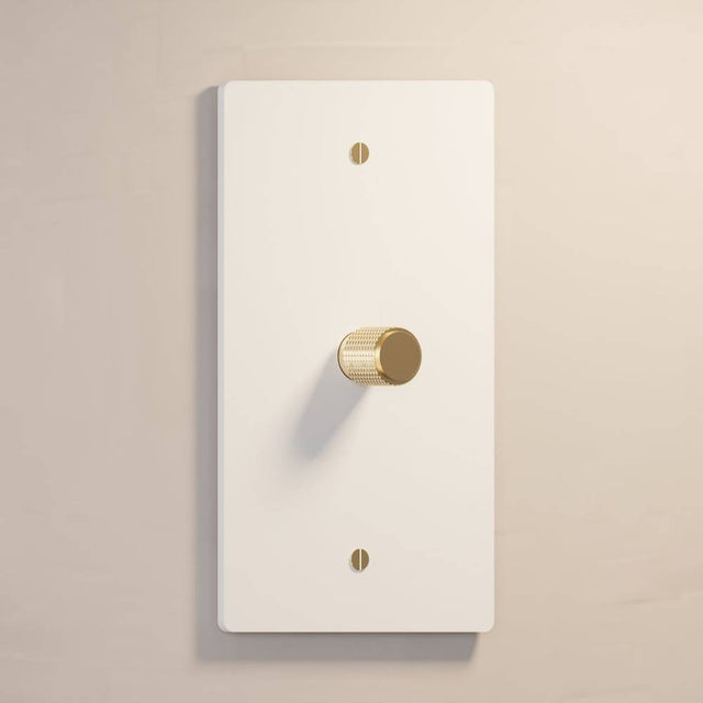 Single gang The Brass Dimmer Switch - Open Box in white with brass knob, perfect for clean and elegant lighting.