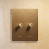 Two-gang The Brass Dimmer Switch - Open Box with knurled knobs and matte brass plate, perfect for upscale lighting systems.
