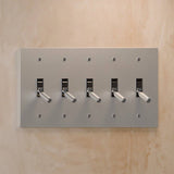 Five-gang The Brass Toggle Switch (1 to 5 Gang) - Open Box in brushed nickel with silver toggles, designed for modern lighting systems.