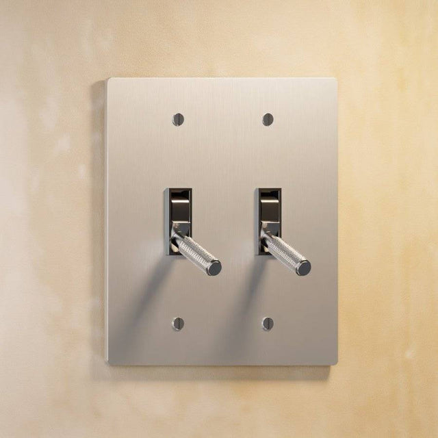 Double gang The Brass Toggle Switch (1 to 5 Gang) - Open Box in satin nickel finish, offering clean and contemporary lighting control.