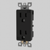 Black duplex electrical outlet with two receptacles and grounding holes