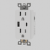 White duplex electrical outlet with dual USB ports and mounting hardware