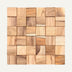 Wooden wall panel with mixed grain tiles in natural light wood tones arranged in a geometric pattern.