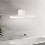"A modern, white LED vanity light mounted above a bathroom sink and faucet."