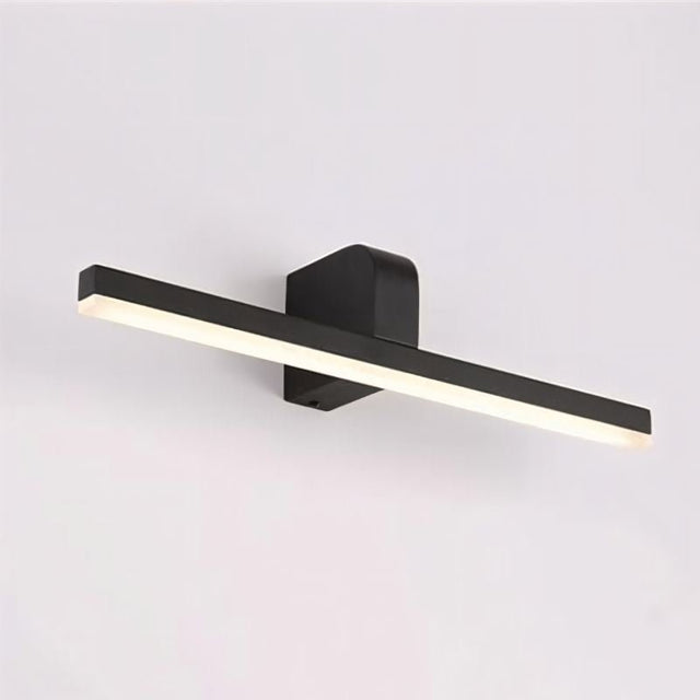 "A modern, linear LED vanity light in a dark finish, mounted on a wall."