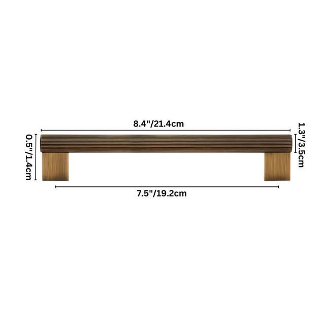 "Dimensions of a modern antique brass pull bar with a sleek ribbed texture, suitable for cabinet doors, drawers, and wardrobe panels."