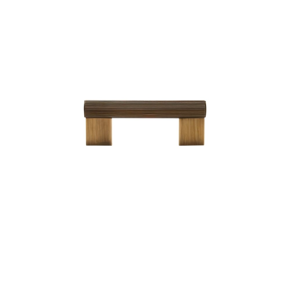 "Full view of a modern antique brass pull bar with a sleek ribbed texture, ideal for cabinet doors, drawers, and wardrobe panels."