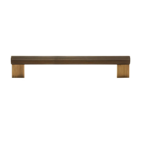 "Horizontal view of a modern antique brass pull bar with a sleek ribbed texture, ideal for cabinet doors, drawers, and wardrobe panels."