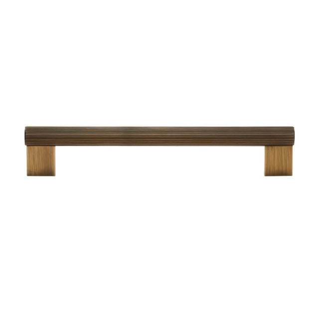 "Horizontal view of a modern antique brass pull bar with a sleek ribbed texture, ideal for cabinet doors, drawers, and wardrobe panels."