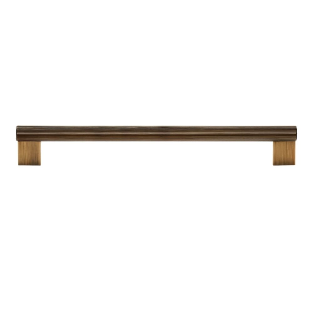 "A modern antique brass pull bar with a sleek ribbed texture, ideal for cabinet doors, drawers, and wardrobe panels in modern and transitional interiors."