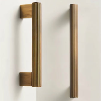 "Pair of modern brass pull bars with a sleek ribbed texture, ideal for cabinet doors, drawers, and wardrobe panels."