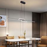 "A geometric linear pendant light suspended above a dining table, providing modern and uniform illumination in a dining room."