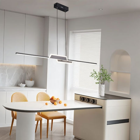 "A linear LED pendant light with a geometric design, suspended above a kitchen island, providing focused and modern illumination."