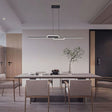 "A linear LED pendant light with a geometric design, suspended above a modern dining table, providing uniform illumination."