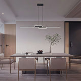 "A linear LED pendant light with a geometric design, suspended above a modern dining table, providing uniform illumination."