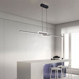 "A linear pendant light with a geometric design, suspended above a kitchen island, providing modern and focused illumination."