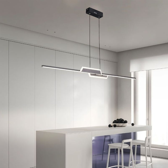 "A linear pendant light with a geometric design, suspended above a kitchen island, providing modern and focused illumination."