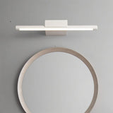 "Modern wall lamp with minimalist design above a round bathroom mirror, providing uniform illumination."