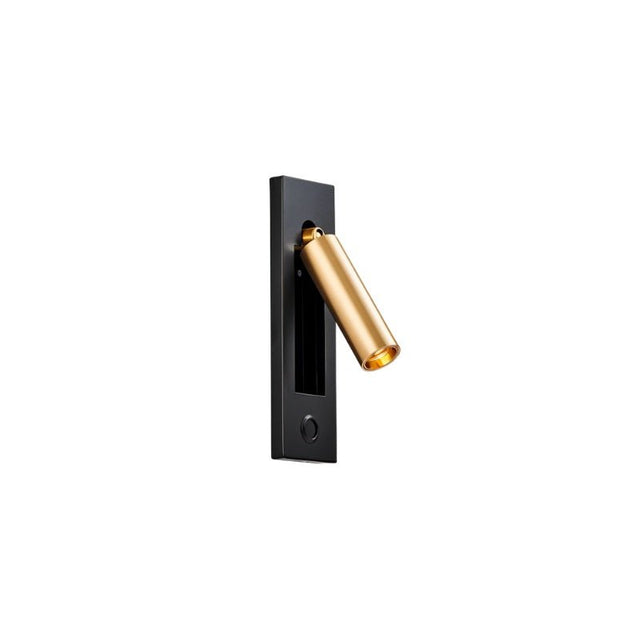 "A black and gold wall lamp with a rectangular base, a cylindrical spotlight, and a button switch, shown against a white background."